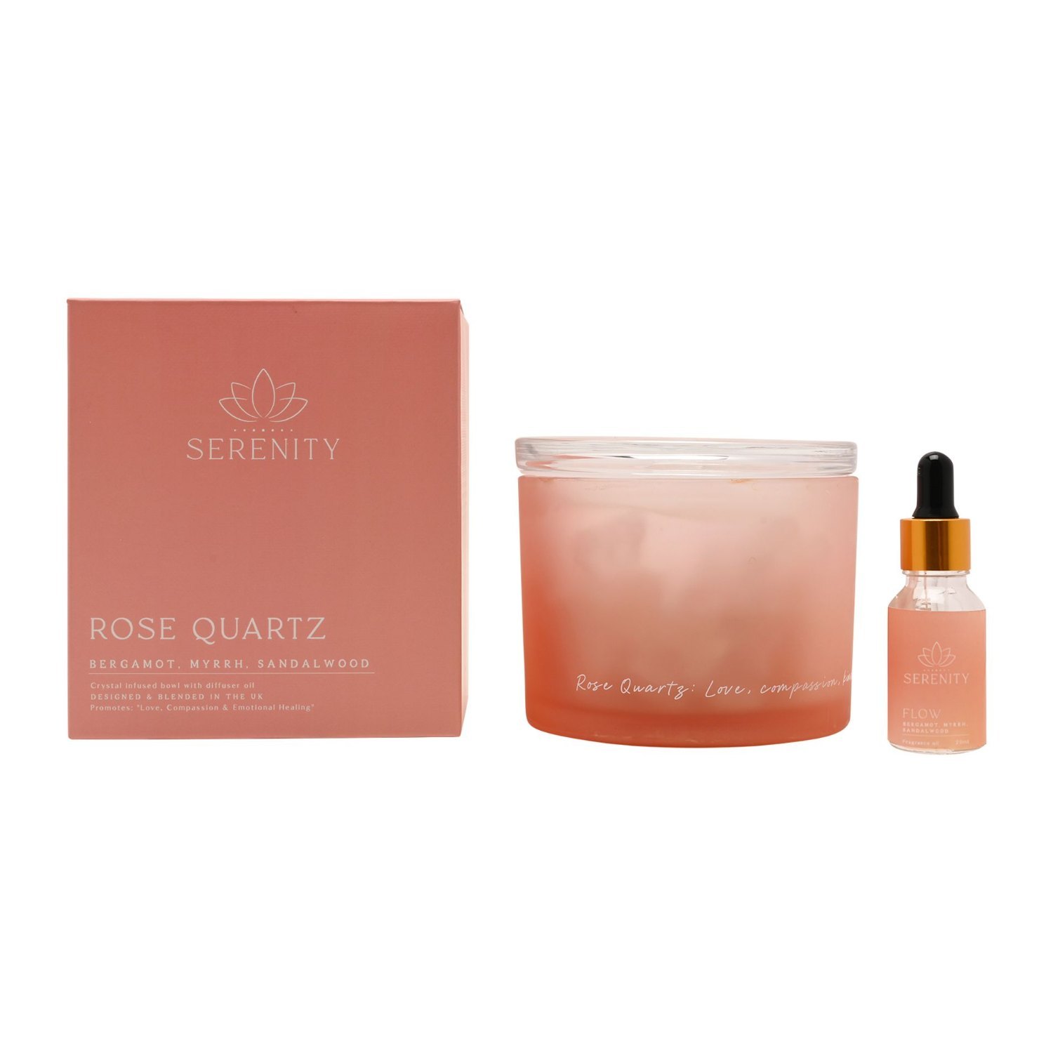 Serenity Rose Quartz Diffuser and Oil Set – Bergamot, Myrrh & Sandalwood