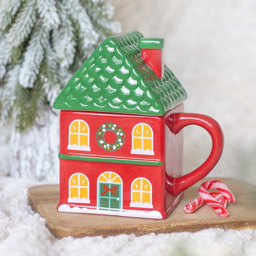 Red Christmas House Lidded Mug (350ml)5